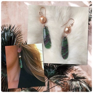 Ruby Zoisite Earrings with Pearls / Pearl Earrings / Stone Earrings / Gemstone Earrings/ Rose Gold Earrings