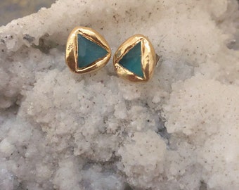 Blue Fluorite Studs / Gold Studs / Faceted Fluorite Gemstone Studs / Triangular Studs