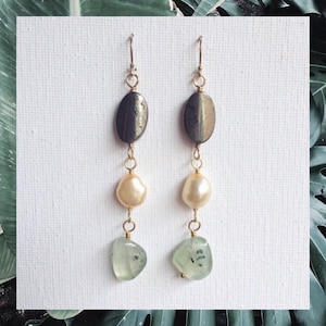 Triple Stone Drop Earring / Pyrite, Fluorite & Pearl Earring / Stone Earring / Elegant Earring / Original Earring image 1