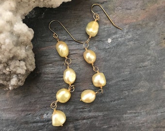 Pearl Duster Earrings / Freshwater Pearl Earrings / Yellow Pearl Dangles / Gold Pearl Earrings