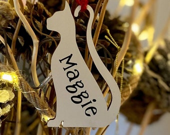 Personalised Cat-shaped Christmas Tree Decoration - white