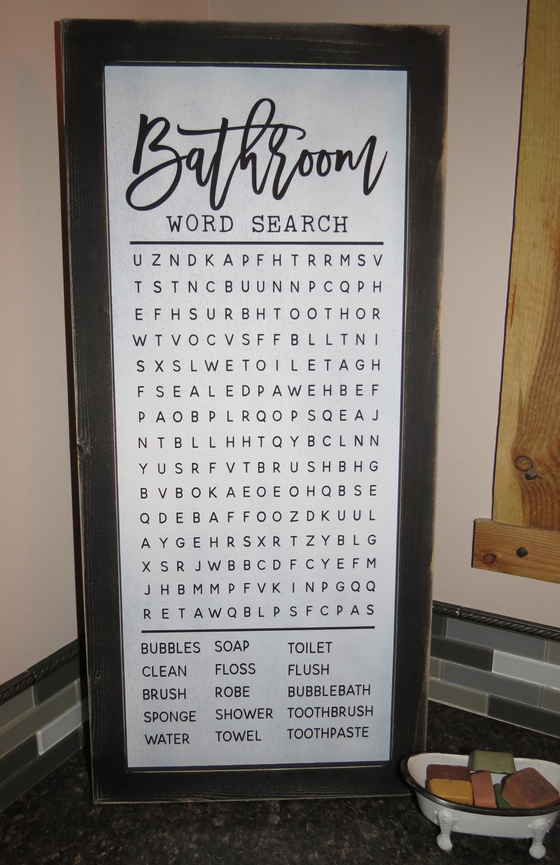 Bathroom Sign Bathroom Word Search Framed Wood Sign Funny Etsy