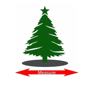 May include: Illustration of a green Christmas tree with a star on top. The tree is on a gray base with red arrows pointing to the base and the word "Measure" written below the arrows.