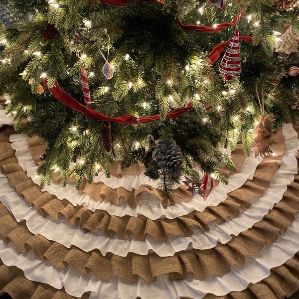 Farmhouse Christmas - Muslin and Burlap Ruffled Tree Skirt - Sewn and Serged