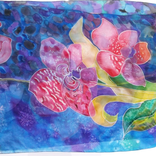 Large Silk Shawl; 25in. x 74in.;Red Orchids on Blue Habotai Shawl; Silk Ruana; Wedding shops Attire; Special Occasions Attire; Art Silk Shawl
