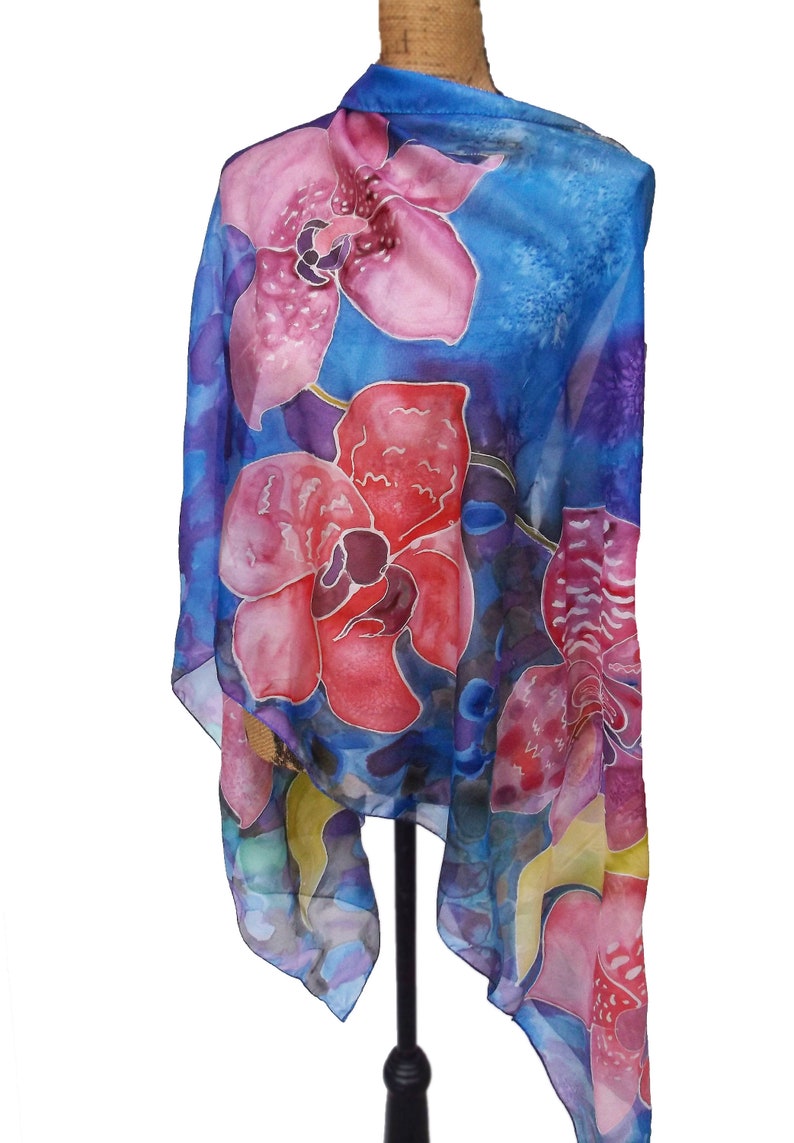 Large Silk Shawl; 25in. x 74in.;Red Orchids on Blue Habotai Shawl; Silk Ruana; Wedding shops Attire; Special Occasions Attire; Art Silk Shawl