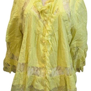 Vintage Style Pretty Yellow Pastel Lacy Frilly Blouse Button Down Shirt Tunic