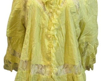 Vintage Style Pretty Yellow Pastel Lacy Frilly Blouse Button Down Shirt Tunic