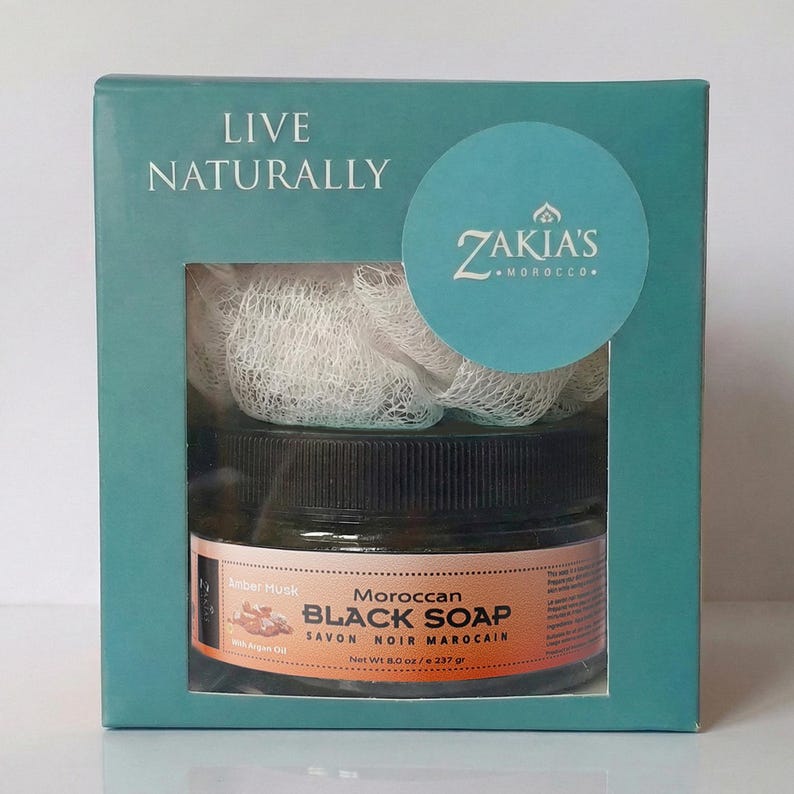 Moroccan Black Soap Exfoliating Kessa Gift Box - Original Amber Musk