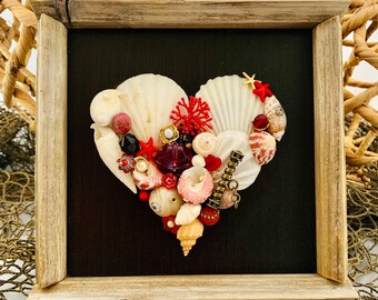 Red Tide #7, Original art, mixed media, heart shaped, sea shells, handcrafted, delightful, detailed, one of a kind, repurposed
