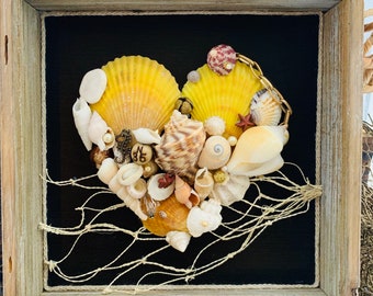 Golden Love #3, Original Art, One of a Kind, Shells, Heart, Handcrafted, Repurposed, Special Works of Art, Beads, Buttons, Baubles, Doodads