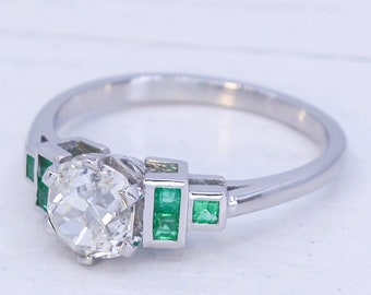 0.89 Carat Old Cut Diamond & Emerald Ring, Platinum