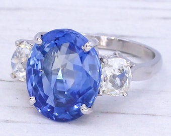 Art Deco 7.13 Carat Sapphire & 1.11 Carat Old Cut Diamond Trilogy Ring, circa 1920