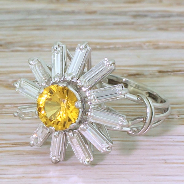 Mid Century Yellow Sapphire & Baguette Cut Diamond “Sunshine” Ring, circa 1970