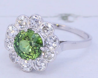 Art Deco 2.04 Carat Natural Green Sapphire & Old Cut Diamond Ring, circa 1940