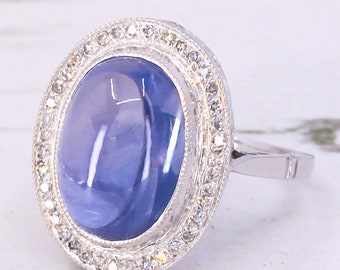 Art Deco 11.96 Carat Ceylon Cabochon Sapphire & Diamond Ring, circa 1935