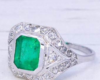 Art Deco 2.04ct Minor Oil Colombian Emerald & Diamond Ring, circa 1935