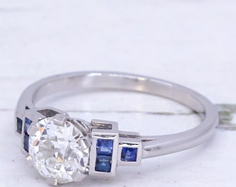 0.91 Carat Old Cut Diamond & Sapphire Ring, Platinum