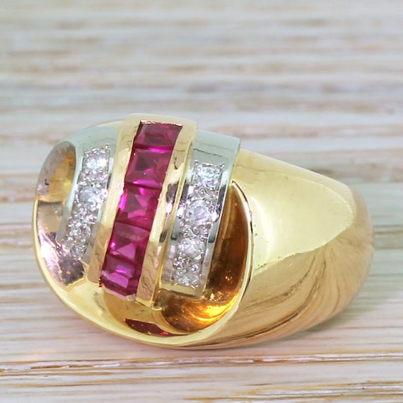 Mid Century Synthetic Ruby & Diamond Cocktail Rin… - image 1