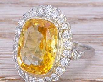 Retro 14.48 Carat Ceylon Yellow Sapphire & Diamond Ring, circa 1950