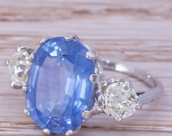 Art Deco 7.10 Carat Ceylon Sapphire & 1.08 Carat Old Cut Diamond Trilogy Ring, circa 1940