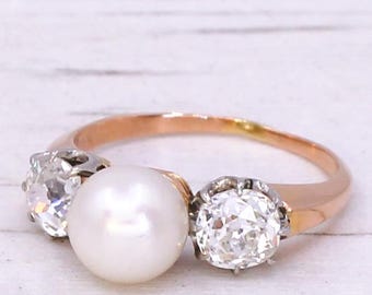 Art Deco Pearl & 1.20 Carat Diamond Trilogy Ring, circa 1930