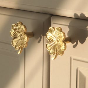 May include: Two gold-toned cabinet knobs shaped like four-leaf clovers. The knobs have a detailed, textured design.