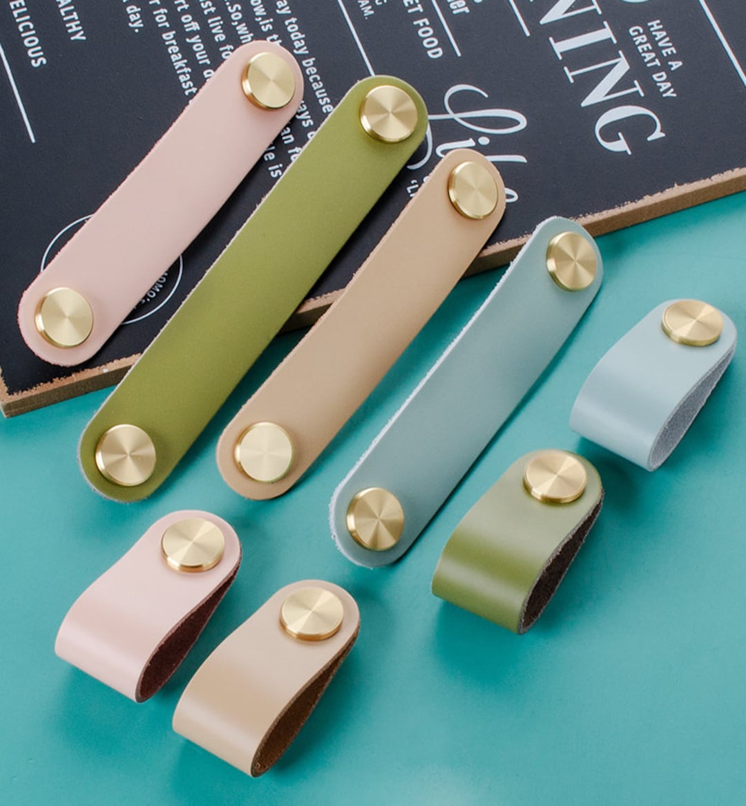 Colourful Leather & Brass Handle Furniture Drawer Blue Pull