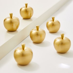 Op de afbeelding: Zes gouden, appelvormige decoratieve objecten met stelen zijn gerangschikt op een wit oppervlak. De appels hebben een geborstelde metalen afwerking en zijn gelijkmatig verdeeld, met een diagonale witte streep op de achtergrond.