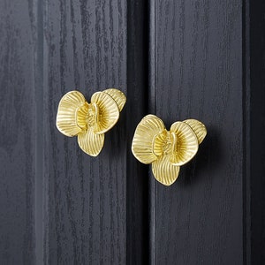 May include: Two gold-toned metal cabinet knobs shaped like stylized orchid flowers.