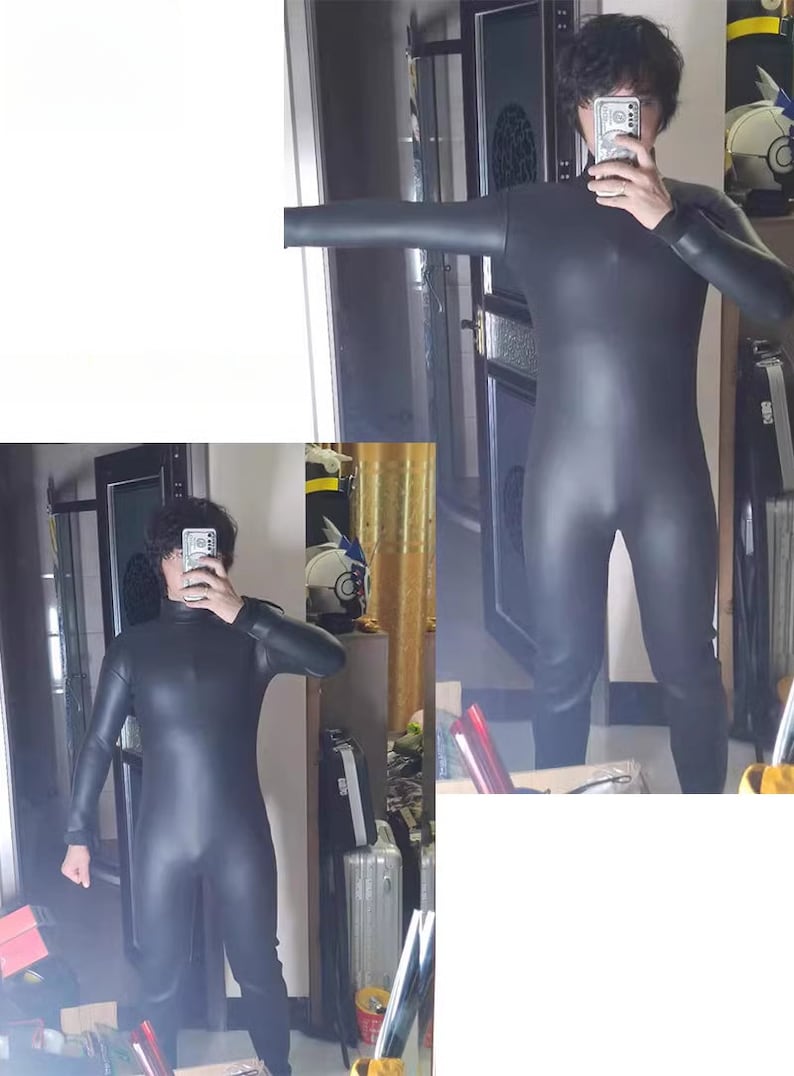 May include: A black wetsuit with long sleeves and a high neck. The wetsuit is made of a smooth, shiny material.