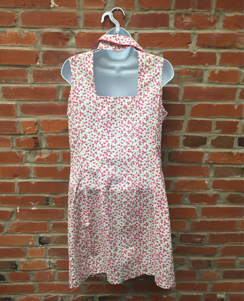 Vintage 90s White Pink Floral Collar Dress Button Front Back Cutout Womens