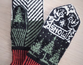 Hand knitted patterned mittens, warm wool mittens „Let it snow“, Christmas gift, Winter accessories