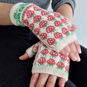 Hand knitted wool fingerless mittens, strawberries pattern,  warm wool gloves, Lithuanian handicraft, spring accessory