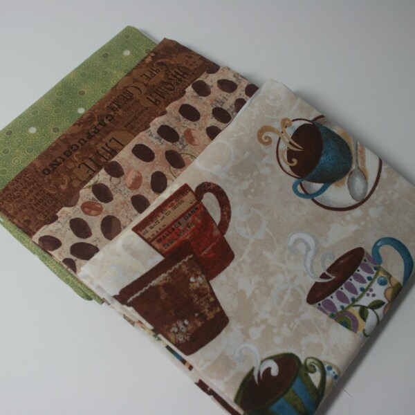 Coffee House Fat Quarter Bundle, Four Pieces from the Coffee House Collection by Sue Zipkin, Cotton Quilt Fabric