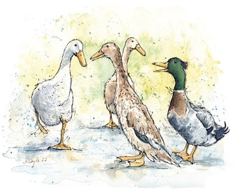 Runner Ducks Watercolour Card, Blank Gift Card, Ducks, Mallard, Indian Runner Ducks