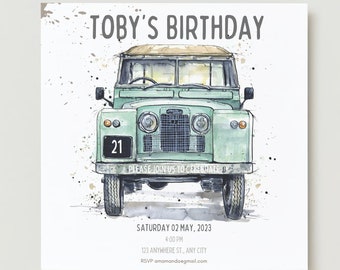 Digital Invite Template, Landrover Mk2, Invitation Land Rover Theme, editable party invite