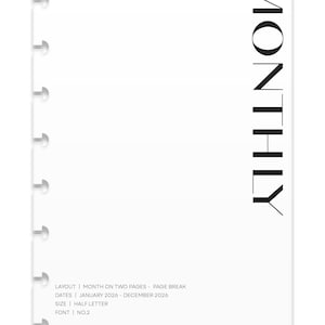 Encart de l&#39;agenda mensuel 2026 | Disposition des sauts de page | Police n° 2 | A5, demi-lettre | Disque relié et 6 anneaux