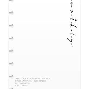 Encart de l&#39;agenda mensuel 2026 | Disposition des sauts de page | Police classique | A5, demi-lettre | Disque relié et 6 anneaux