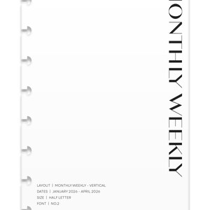 May include: A white planner page with the text "2026" at the top and "MONTHLY WEEKLY" vertically on the right side. The page includes details: layout, dates (January-April 2026), size (half letter), and font. The brand name "MINTED SUGAR" is at the bottom.