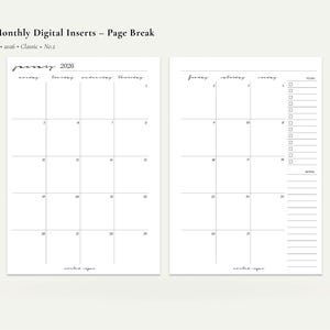 Puede incluir: Un inserto de planificador digital para 2026, con un diseño de calendario mensual con espacio para notas y una lista de tareas. El diseño es minimalista, con un fondo blanco y texto negro. El texto "2026 Monthly Digital Inserts - Page Break" está en la parte superior.