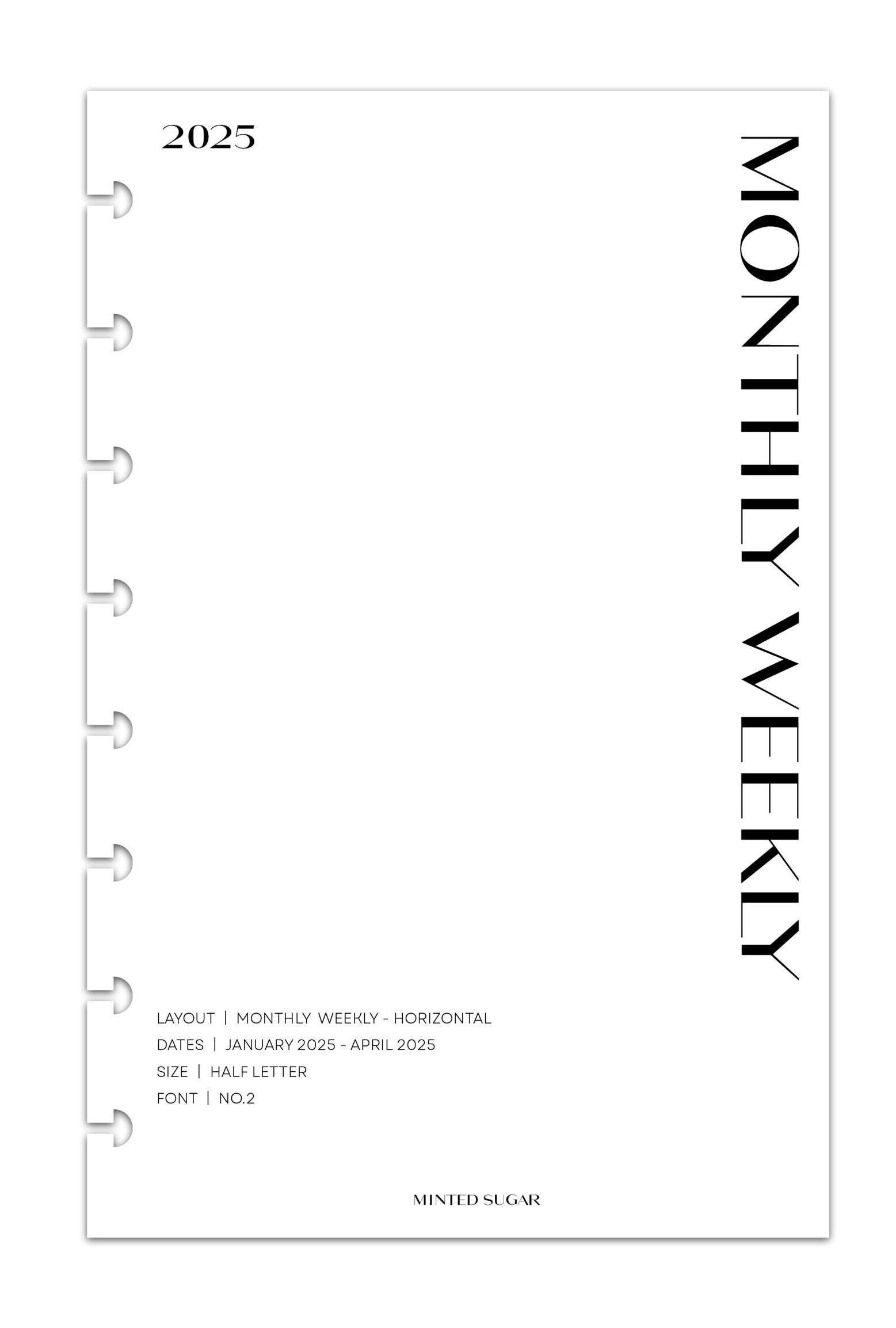 2025 Monthly Weekly Planner Inserts | Horizontal | No.2