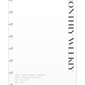 以下が含まれることがあります： 2026年が上部に記載された白いプランナーページ。「MONTHLY WEEKLY」の文字が右側に縦書きで印刷されています。レイアウト、日付、サイズ、フォントに関する詳細が記載されています。「MINTED SUGAR」のブランド名が下部にあります。