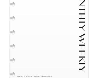 May include: A white planner page with the year 2026 at the top. The words "MONTHLY WEEKLY" are printed vertically on the right side. The page includes details about the layout, dates, size, and font. The brand name "MINTED SUGAR" is at the bottom.