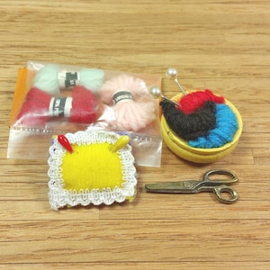 MINIATURE SEWING SUPPLIES or Notions, 1:12 Scale, Yarn, Scissors, Pin Cushion, Knitting Basket, Vintage Dollhouse Decor