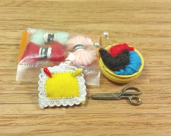 MINIATURE SEWING SUPPLIES or Notions, 1:12 Scale, Yarn, Scissors, Pin Cushion, Knitting Basket, Vintage Dollhouse Decor