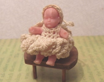 MINIATURE BABY and STOOL, Crocheted Dress and Cap, Rubber/Vinyl, 1 1/4" Tall, Vintage Dollhouse Baby Doll