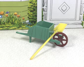 MINIATURE WHEELBARROW and SHOVEL, Commonwealth Hard Plastic, Moving Wheel, 1950's, 3/4" Scale or Smaller, Vintage Dollhouse, Garden Decor