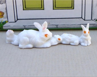 MINIATURE RABBITS, BUNNIES, 1970's, Double Facing, Plastic, Made in Hong Kong, Vintage Dollhouse Animals, Pets