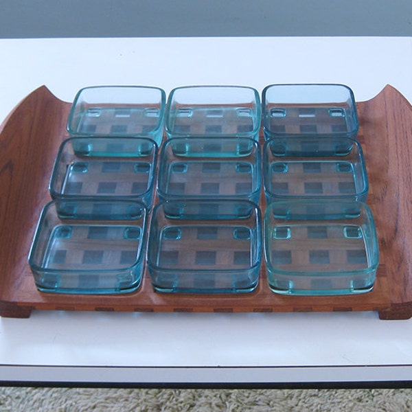 DANSK Teak Tray. Lattice Serving Board with Glass Inserts Bowls. Denmark JHQ Jens Quistgaard. Vintage 60s Danish Mid Century Modern Design.